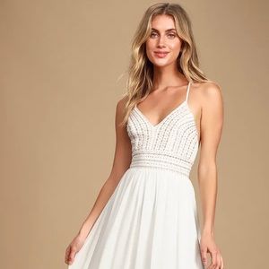 Lulus Meet Me in Madrid White Beaded Maxi Dress